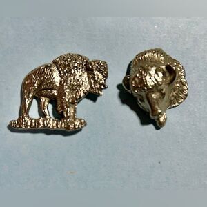2 Silver-tone Bison , American Buffalo Pins-  Caution Fuzzy Cow Alert !New
